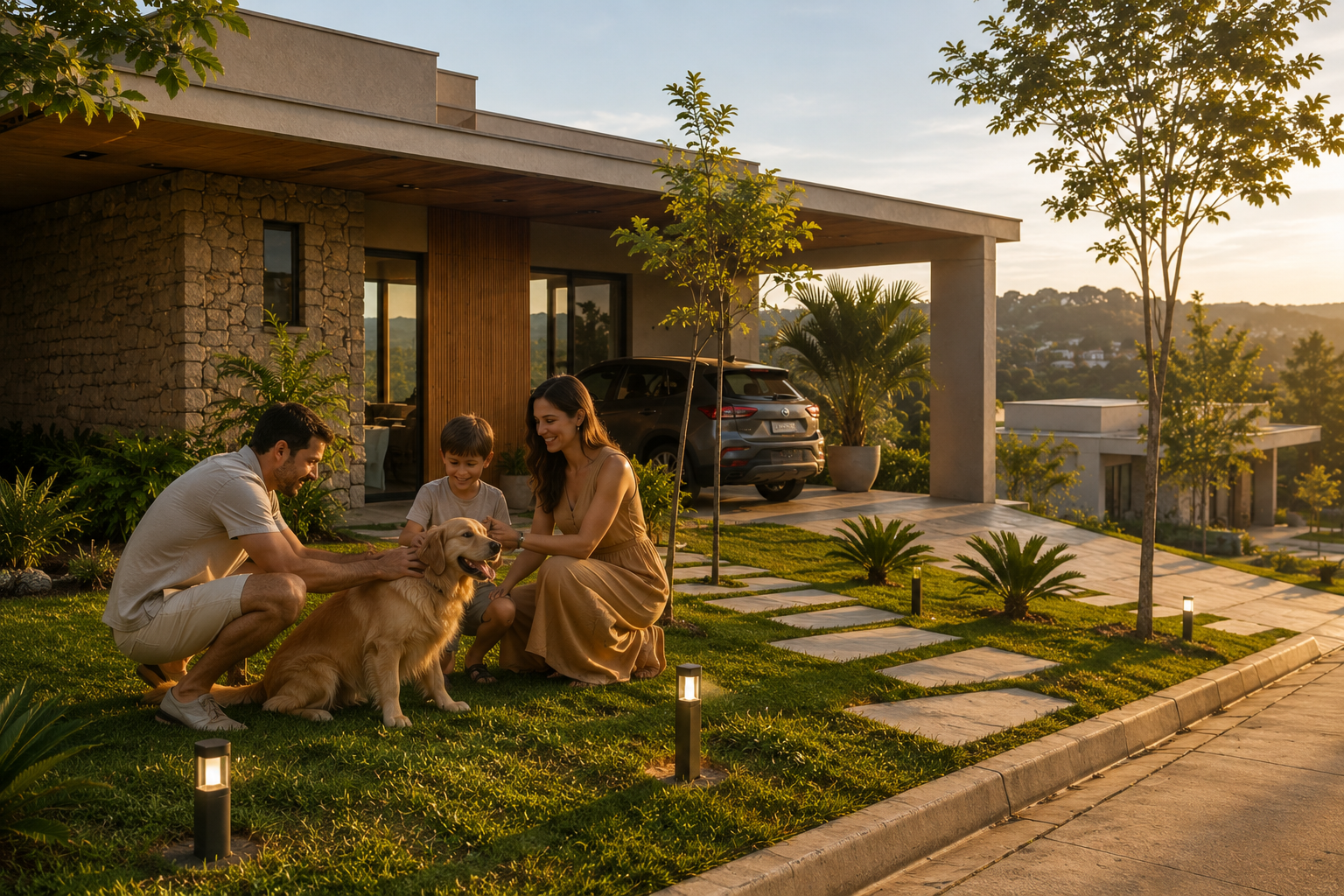 Família em frente à casa no fim de tarde