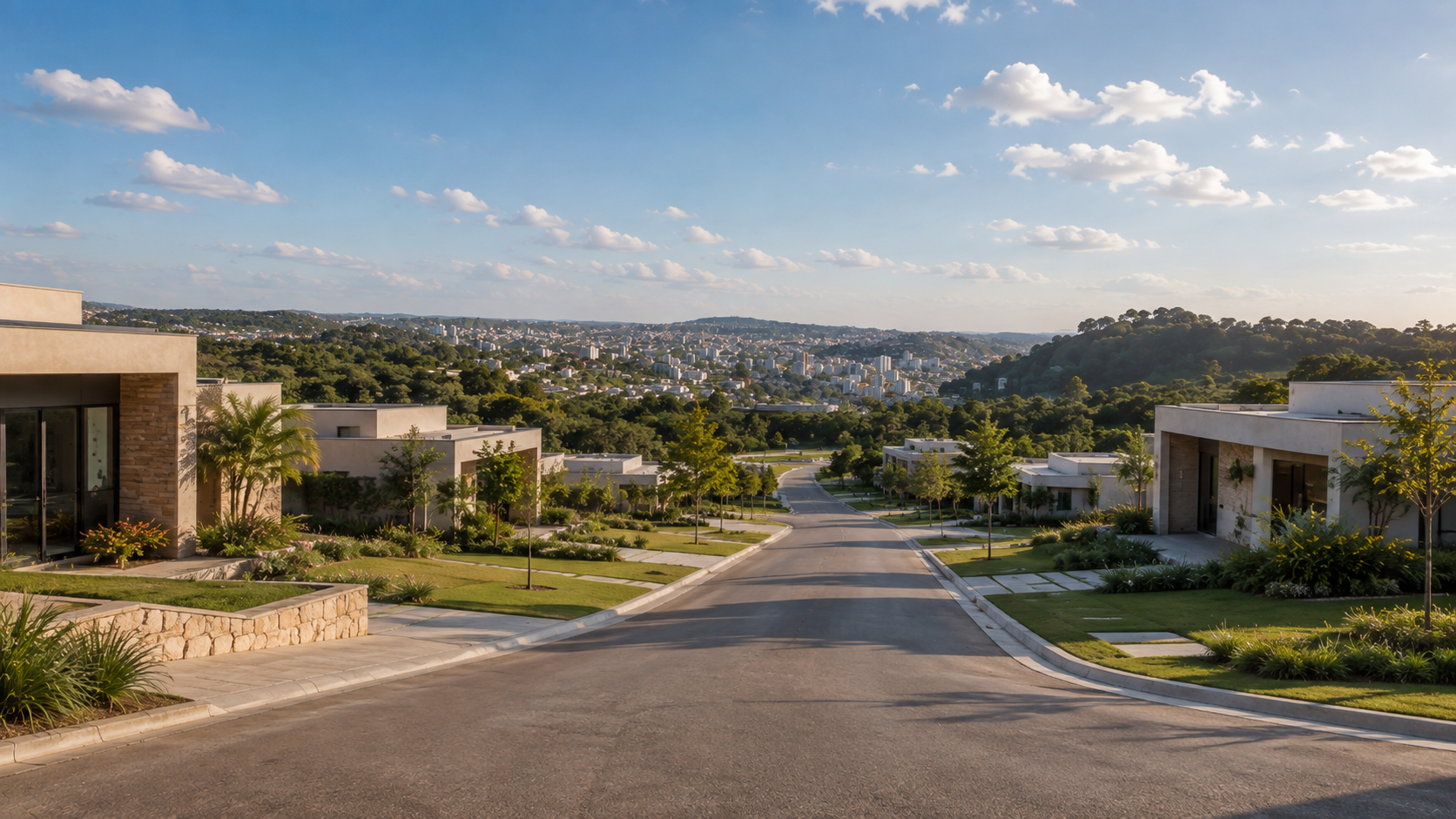 Rua residencial com vista para a cidade