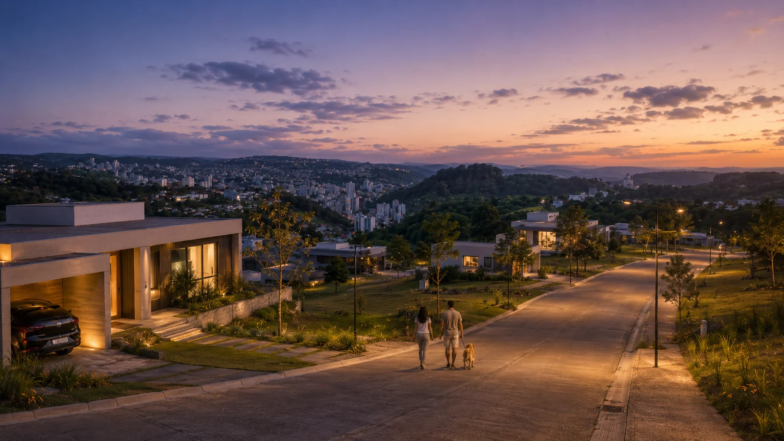 Rua residencial do conceito Pirâmides ao entardecer