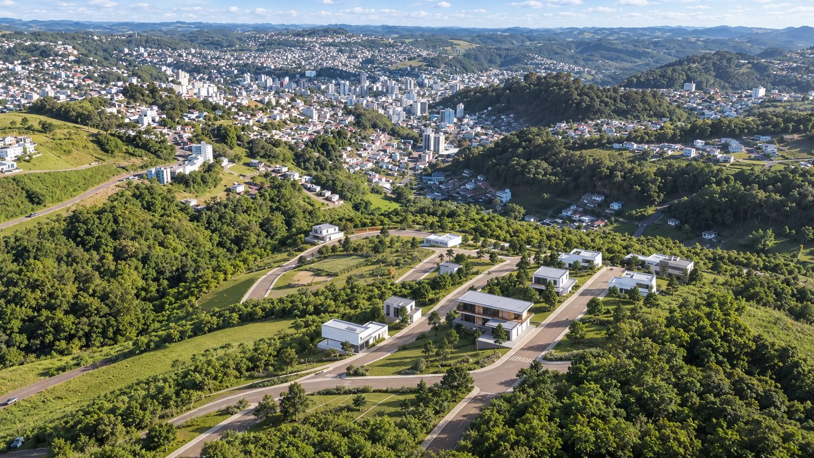 Vista aérea do Loteamento Pirâmides e da cidade de Concórdia