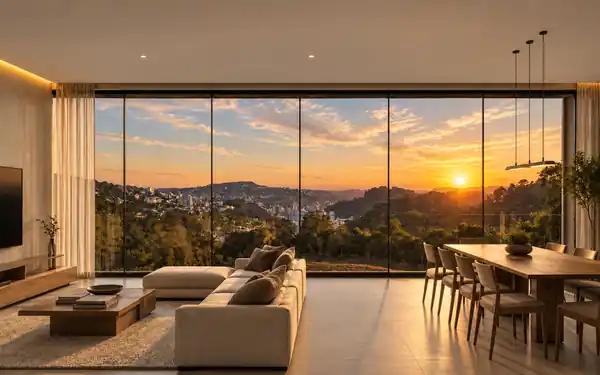 Interior residencial com vista ao pôr do sol